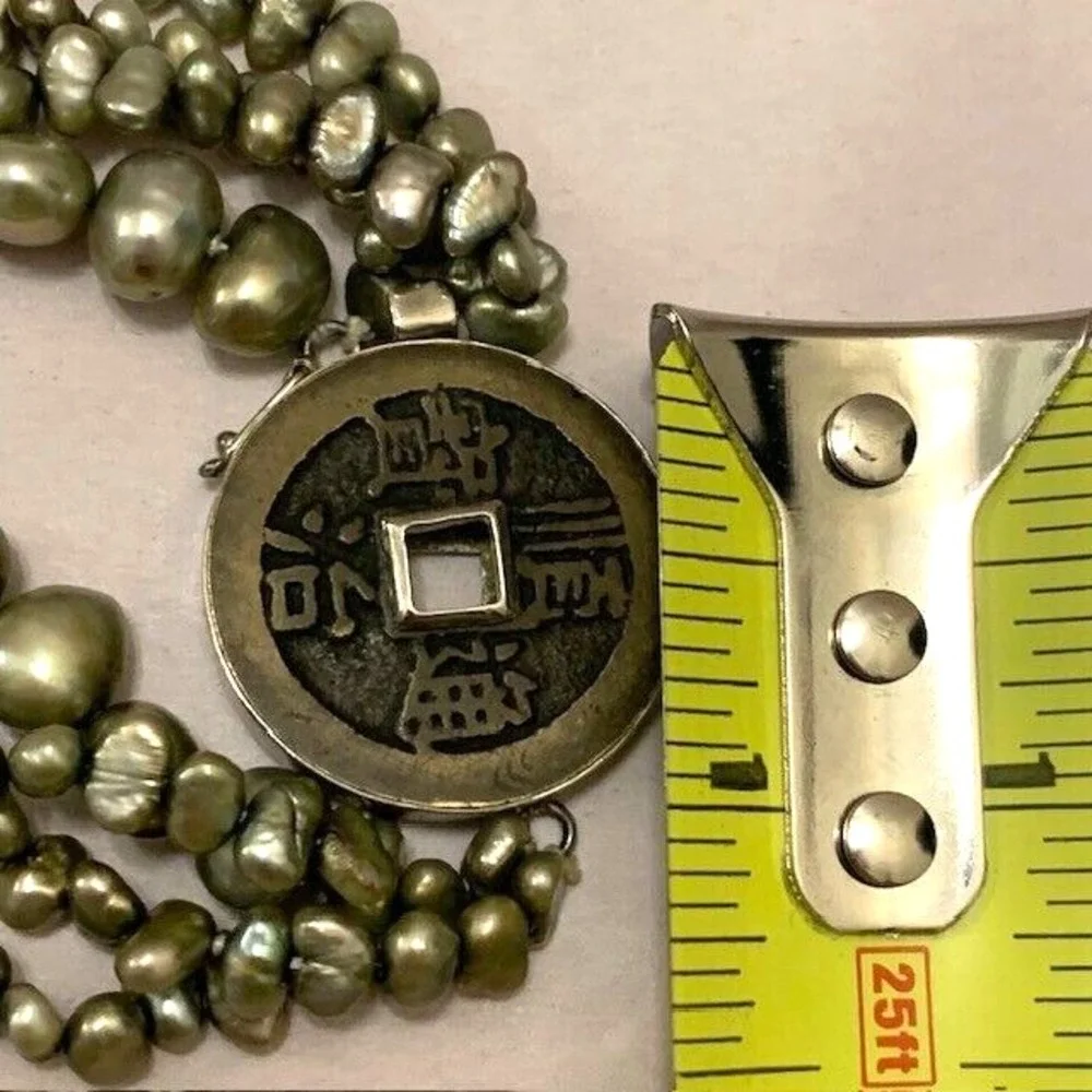 VTG Multi Strand Pearl Necklace Chunky Statement Asian Sterling Silver Coin MCM